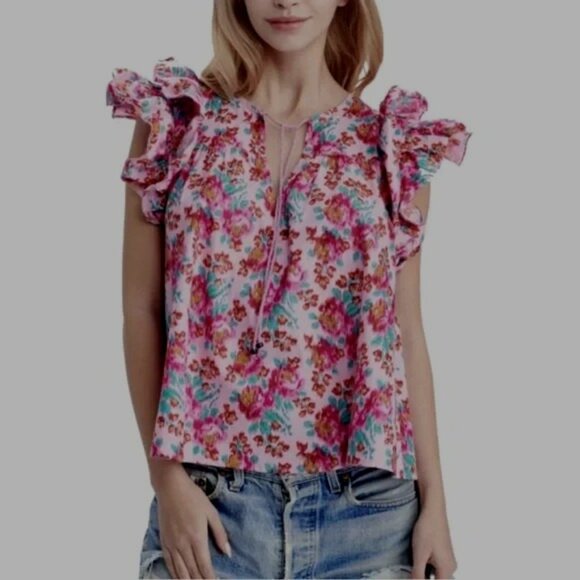 EUC Love the Label Reina Ruffle Sleeve Pink Floral Blouse Khaleesi Raspberry S - Picture 1 of 8